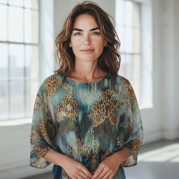 Chico's Teal Animal Print Sheer Blouse with flowy sleeves & elastic waist Medium - Picture 4 of 8